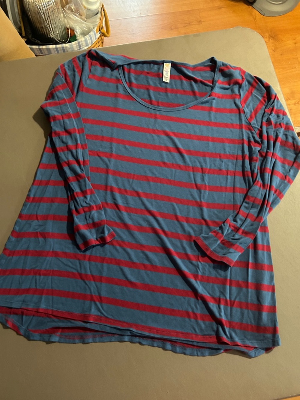 LuLaRoe Teal and Red Stripedy Long Sleeve Scoop Neck Tee - Lynnae